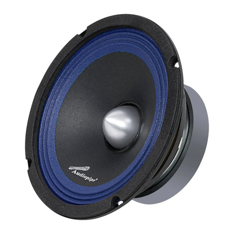 Audiopipe APMB-620PM midrange loudspeaker with blue surround and silver phase plug
