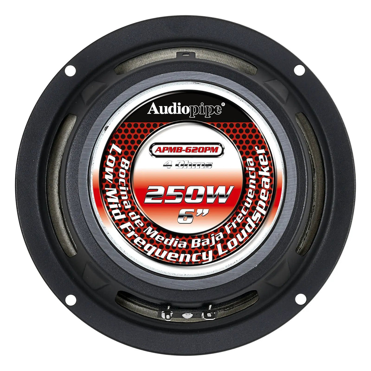 Rear of Audiopipe APMB-620PM speaker with labeled magnet and black basket