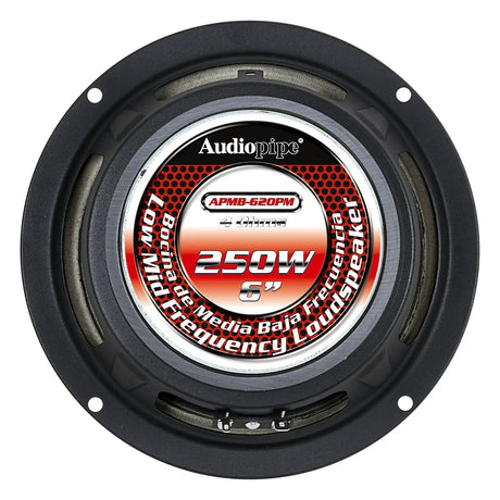 Rear of Audiopipe APMB-620PM speaker with labeled magnet and black basket