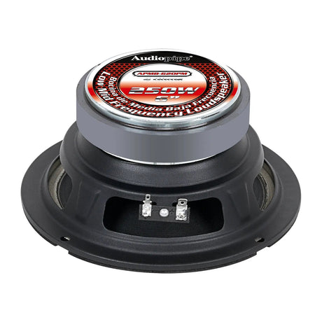 Audiopipe APMB-620PM loudspeaker rear angled view showing its labeled magnet, basket and terminals