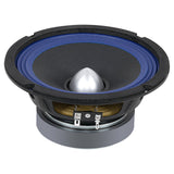 Angled speaker with a blue surround, silver bullet center and exposed spade terminals