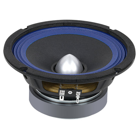 Angled speaker with a blue surround, silver bullet center and exposed spade terminals