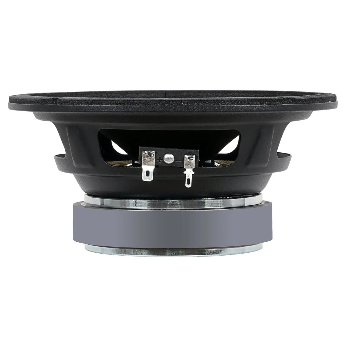 Audiopipe midrange loudspeaker side view showing its basket, terminals and magnet