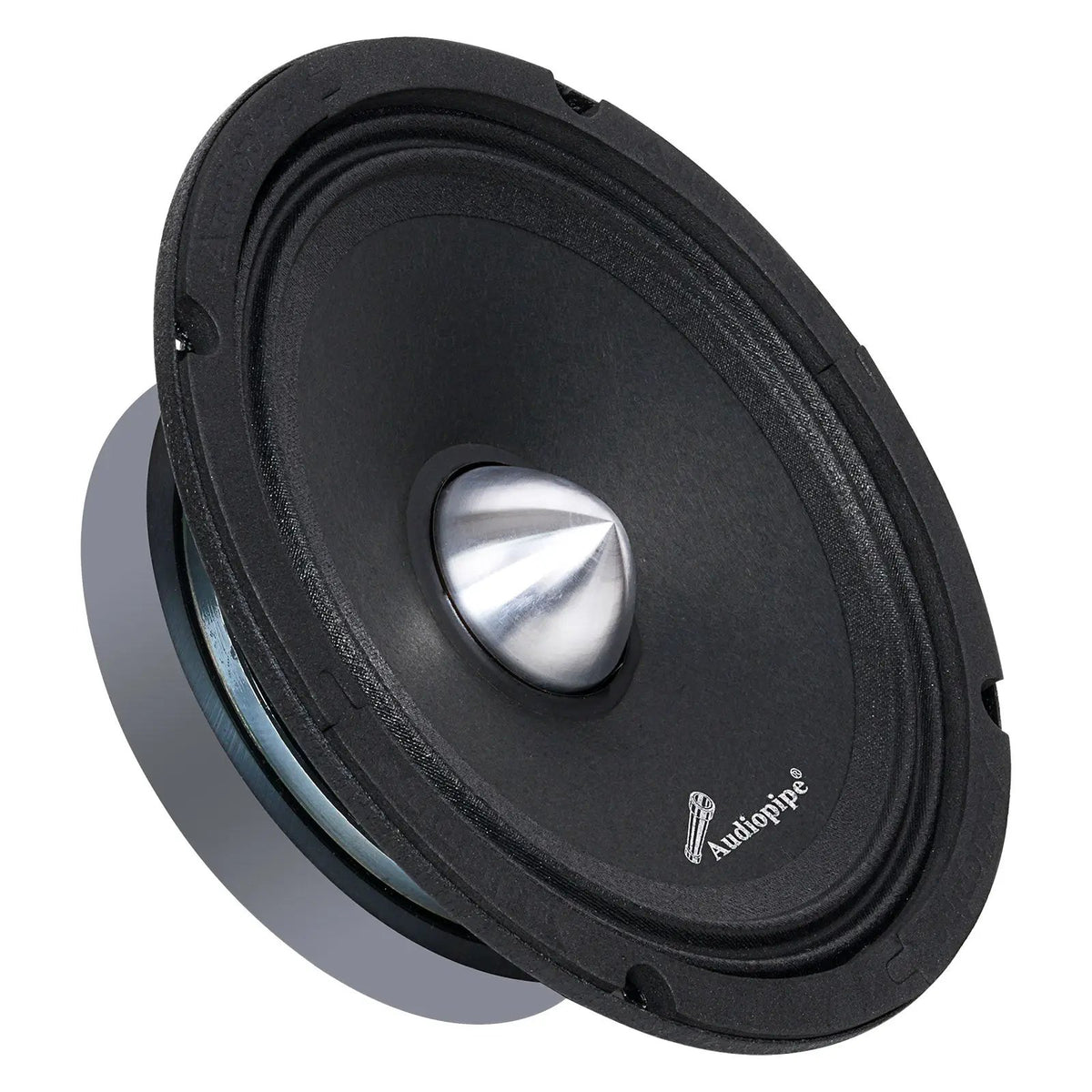 Audiopipe midrange loudspeaker with a silver bullet center, angled view