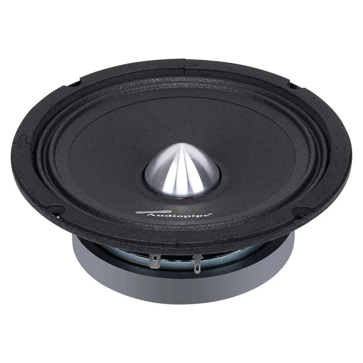 Angled black Audiopipe speaker with a silver bullet-shaped center and exposed basket terminals