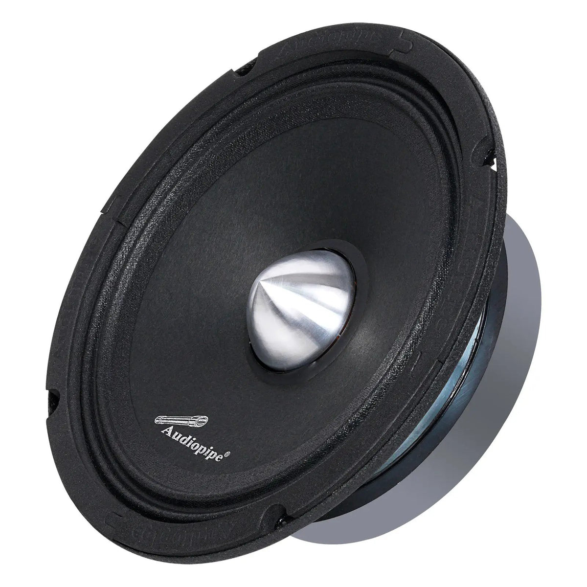 Audiopipe midrange loudspeaker with a silver bullet center, opposite angled view