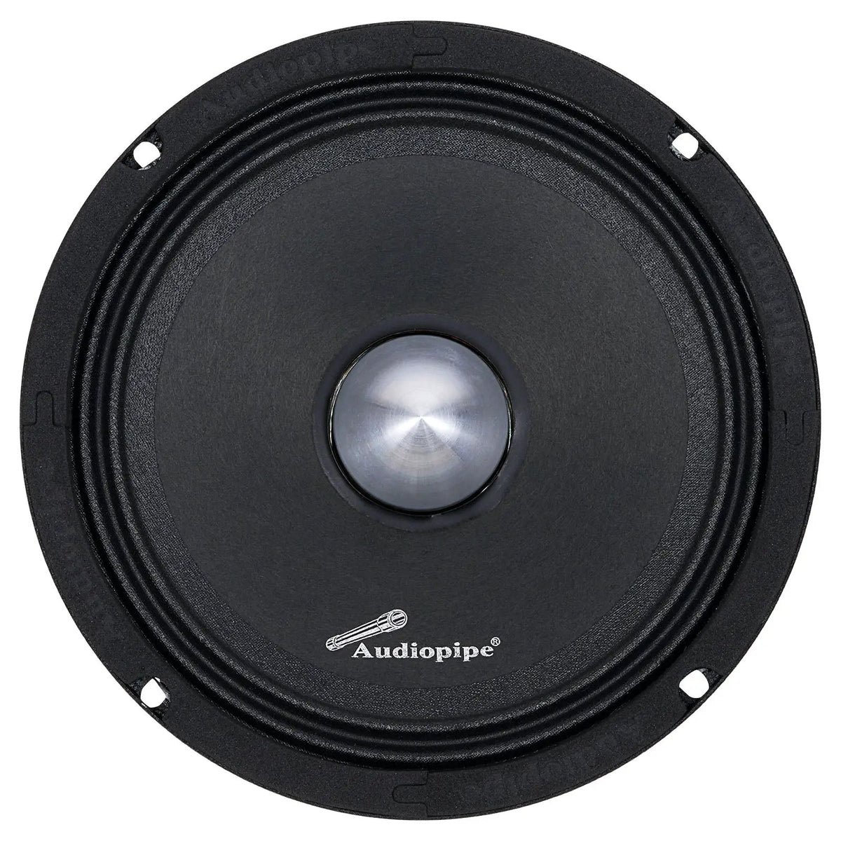 Front view of a black Audiopipe speaker with a silver center and four mounting holes
