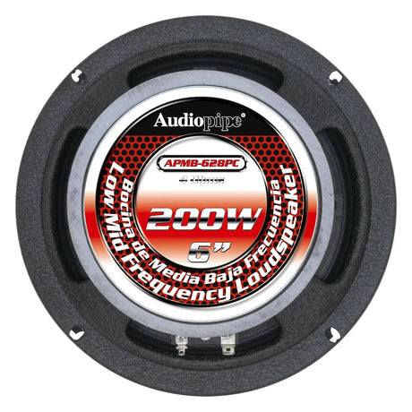 Rear view of an Audiopipe APMB-628PC speaker with a 6-inch, 200W and 4-ohm label