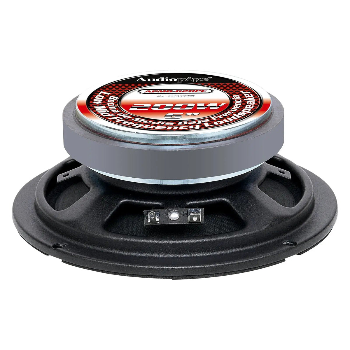 Rear of Audiopipe APMB-628PC speaker showing its labeled magnet and terminals