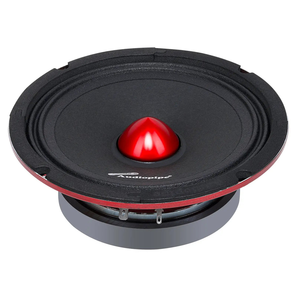 Angled Audiopipe speaker with a black cone, red bullet center and red basket