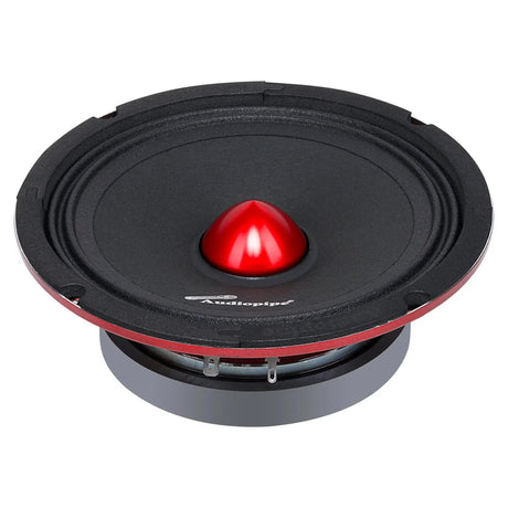 Angled Audiopipe speaker with a black cone, red bullet center and red basket