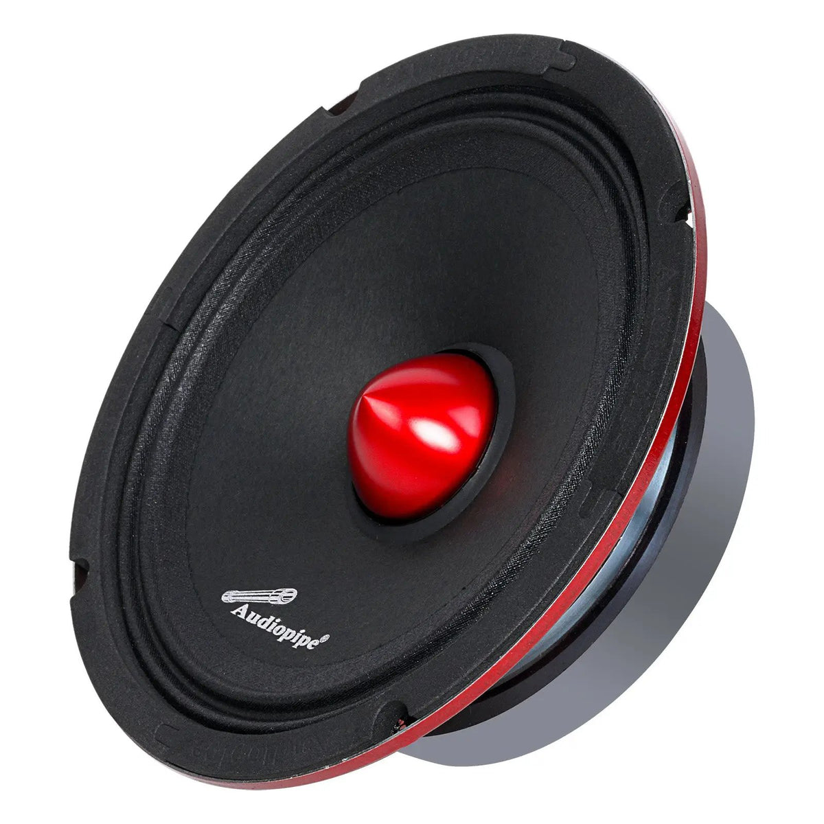 Angled black Audiopipe speaker with a red bullet-shaped center and red-trimmed basket