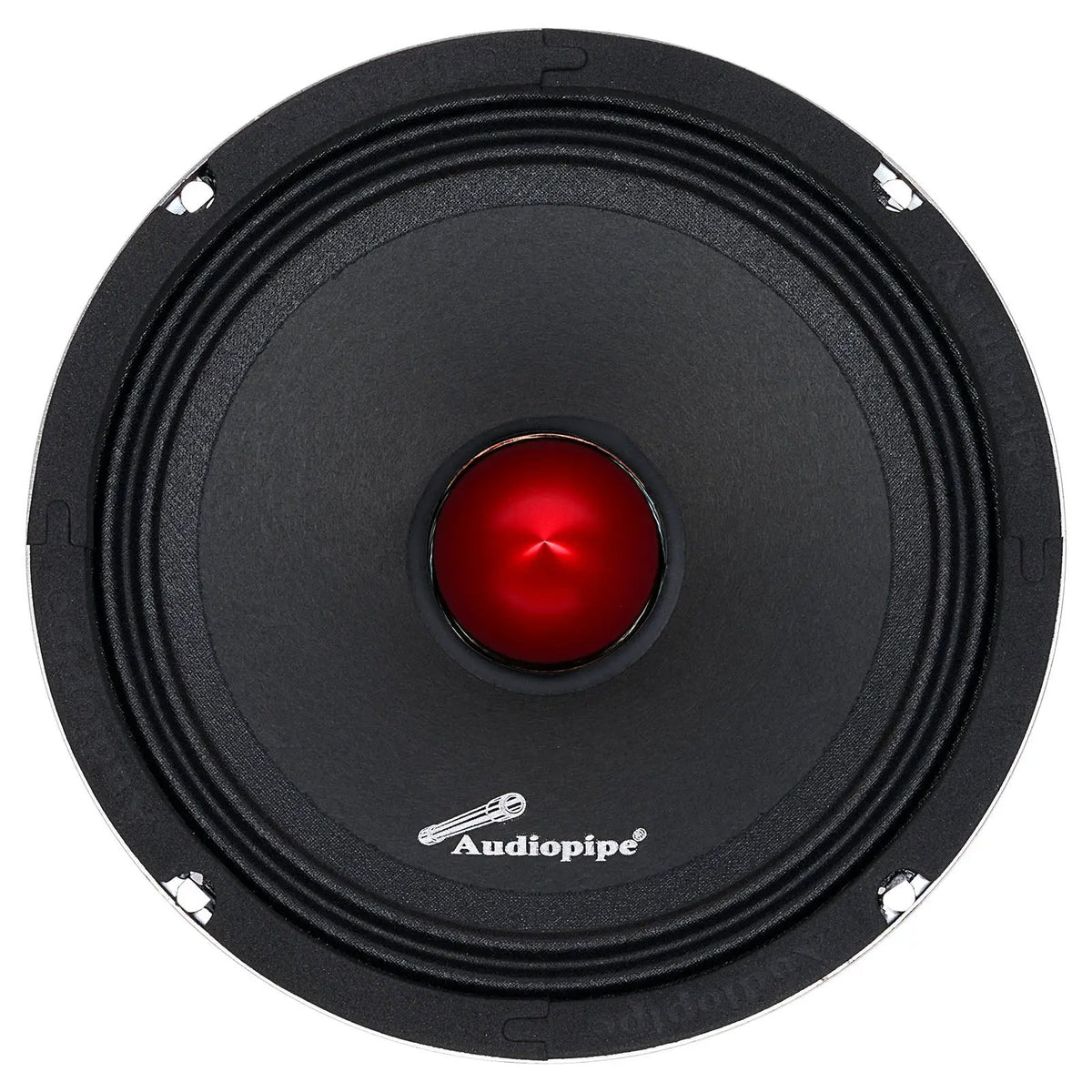 Front of an Audiopipe speaker with a red bullet center and four mounting holes