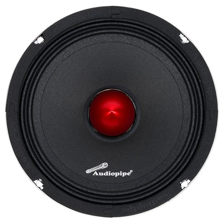 Front of an Audiopipe speaker with a red bullet center and four mounting holes