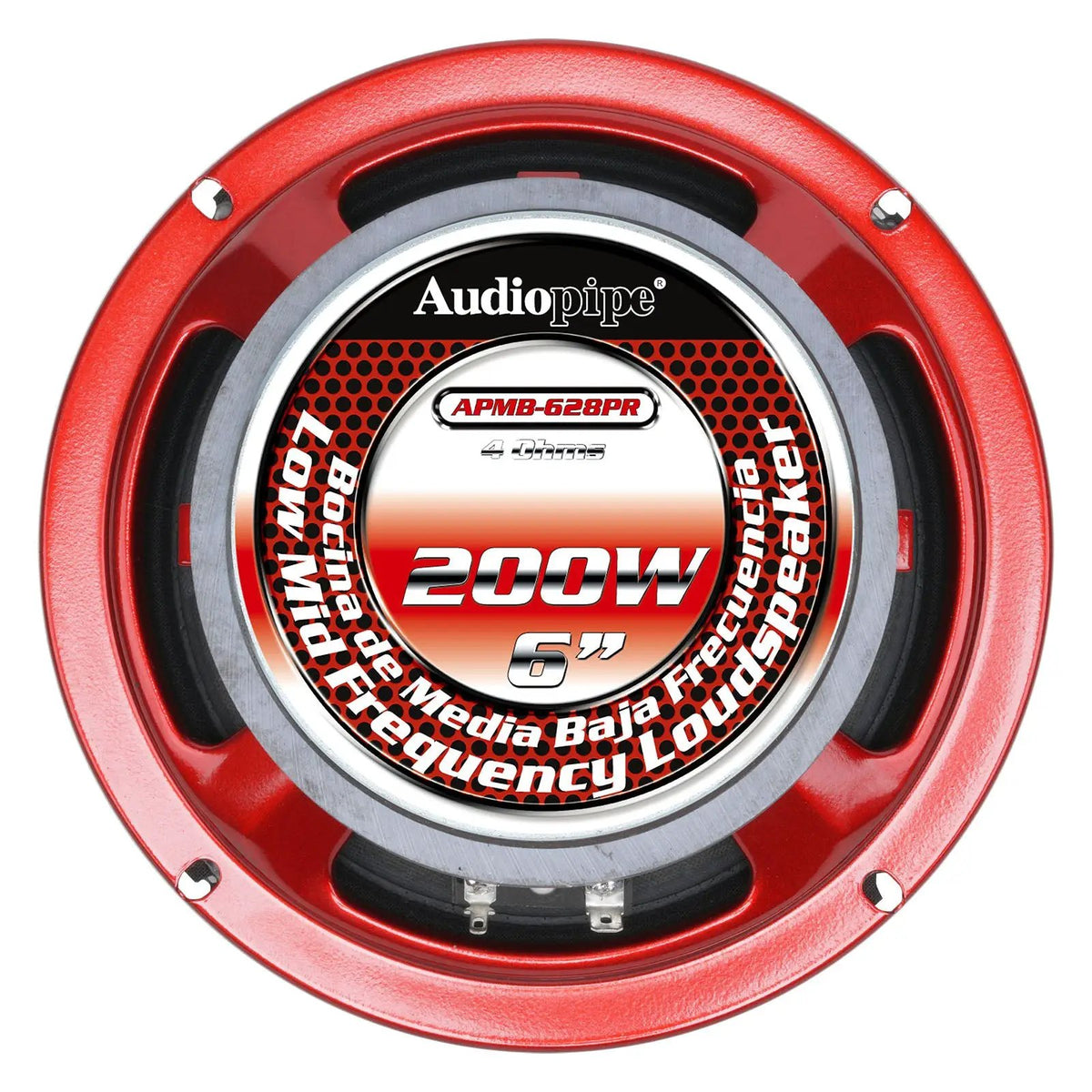Audiopipe loudspeaker rear magnet label showing APMB-628PR, 6-inch size and 200W