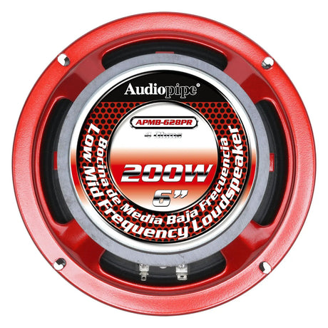 Audiopipe loudspeaker rear magnet label showing APMB-628PR, 6-inch size and 200W