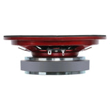 Side profile of midrange speaker showing its red basket, magnet and terminals