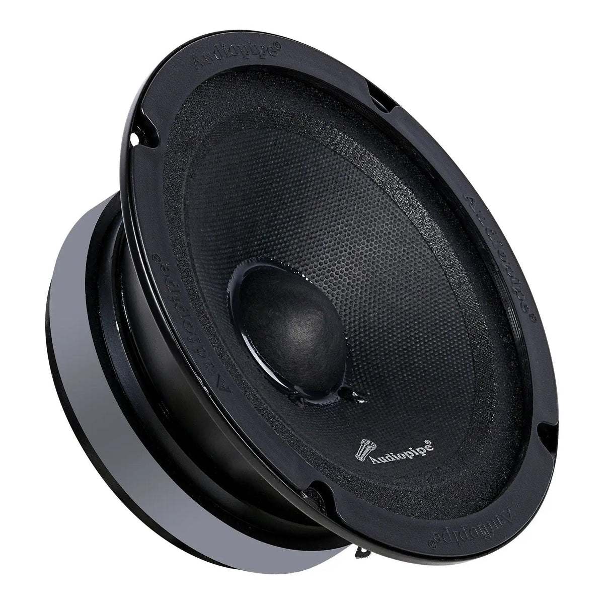 Angled Audiopipe speaker with a textured black cone and rounded dust cap