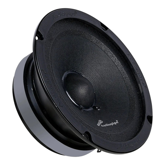 Angled Audiopipe speaker with a textured black cone and rounded dust cap
