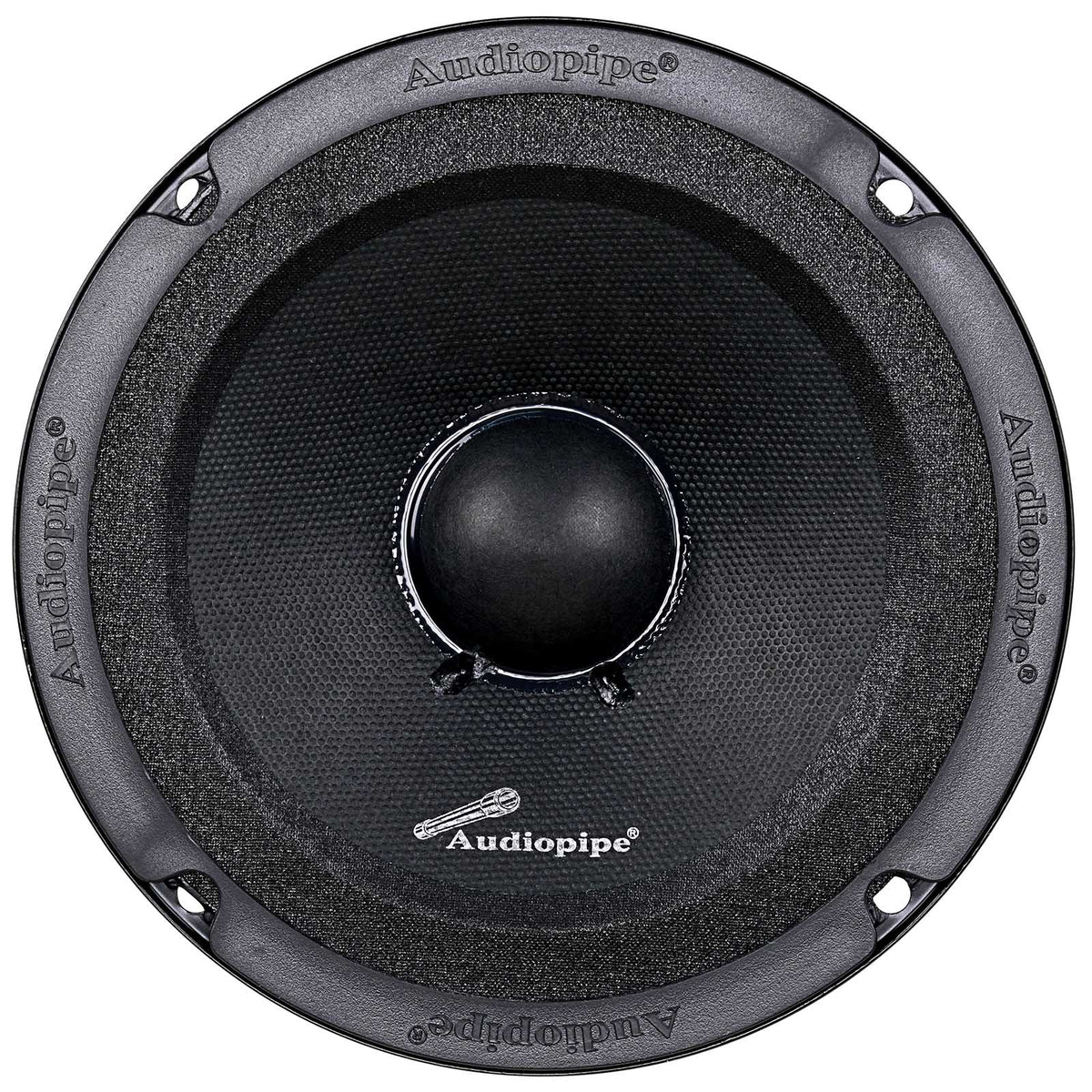 Front view of black Audiopipe midrange speaker with rounded center cap