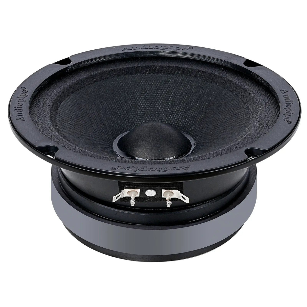 Low-angle Audiopipe speaker view showing its textured cone, magnet and two terminals