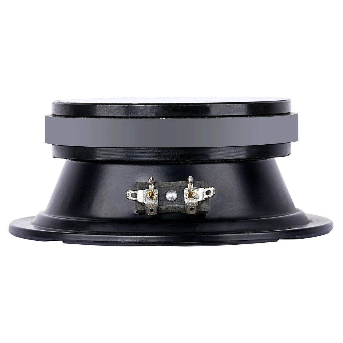 Audiopipe loudspeaker side view showing its black steel basket, magnet and terminals