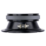 Audiopipe loudspeaker side view showing its black steel basket, magnet and terminals
