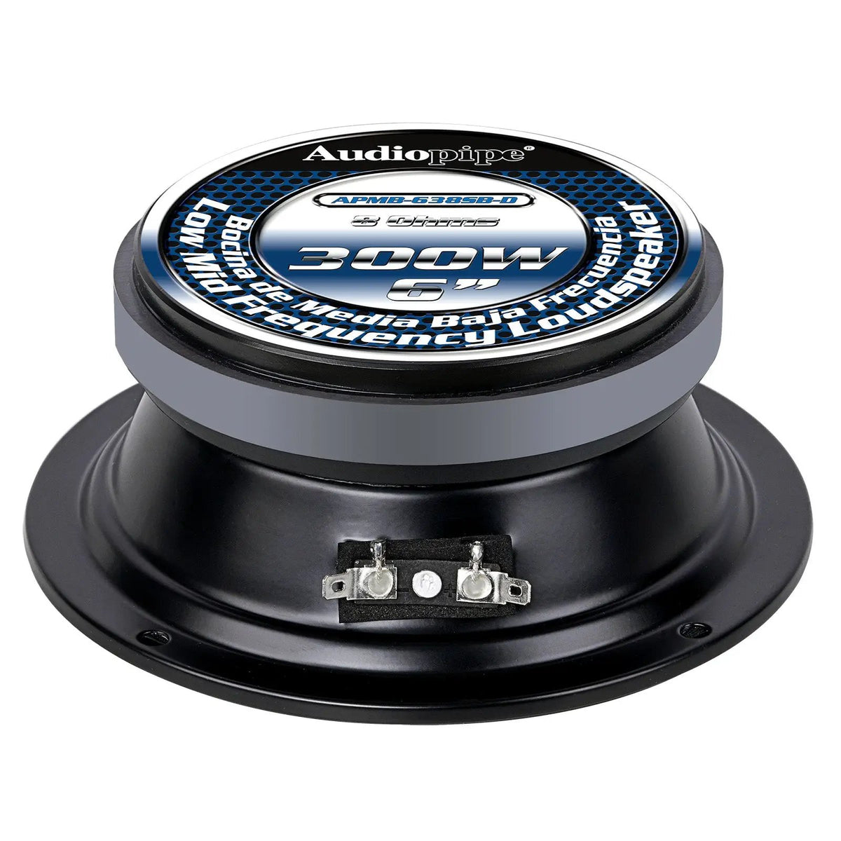 Rear of Audiopipe midrange speaker showing its magnet label and terminals