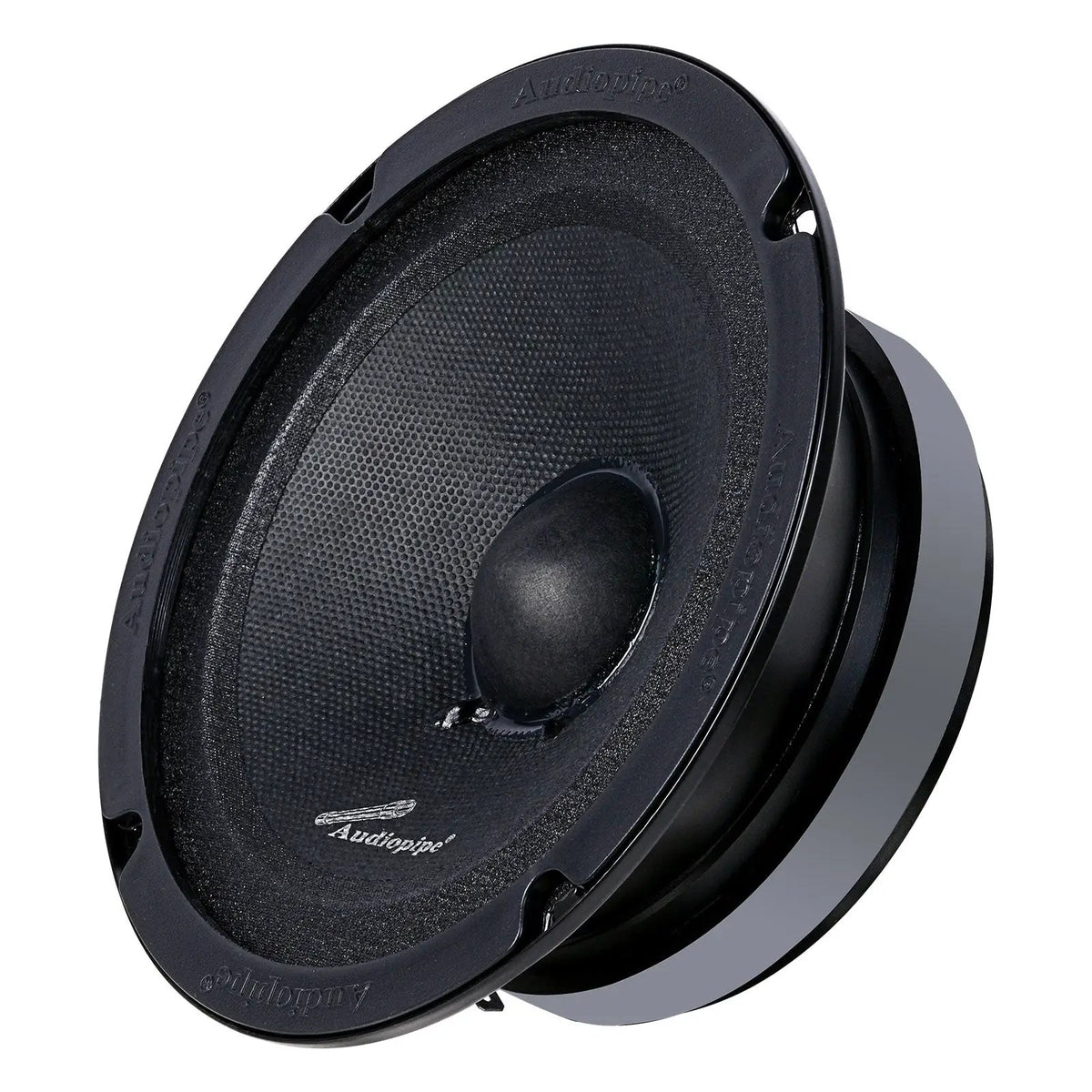 Opposite angled view of an Audiopipe speaker with a black textured cone and embossed rim