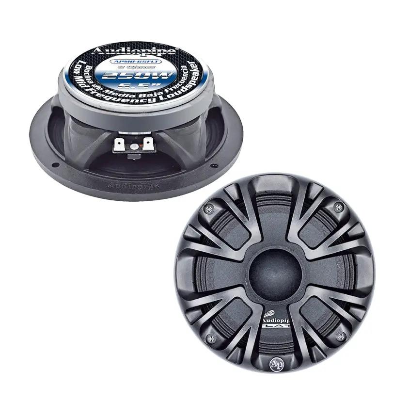 Front and rear views of an Audiopipe speaker, showing its black grille and labeled silver magnet