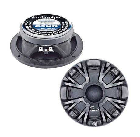 Front and rear views of an Audiopipe speaker, showing its black grille and labeled silver magnet