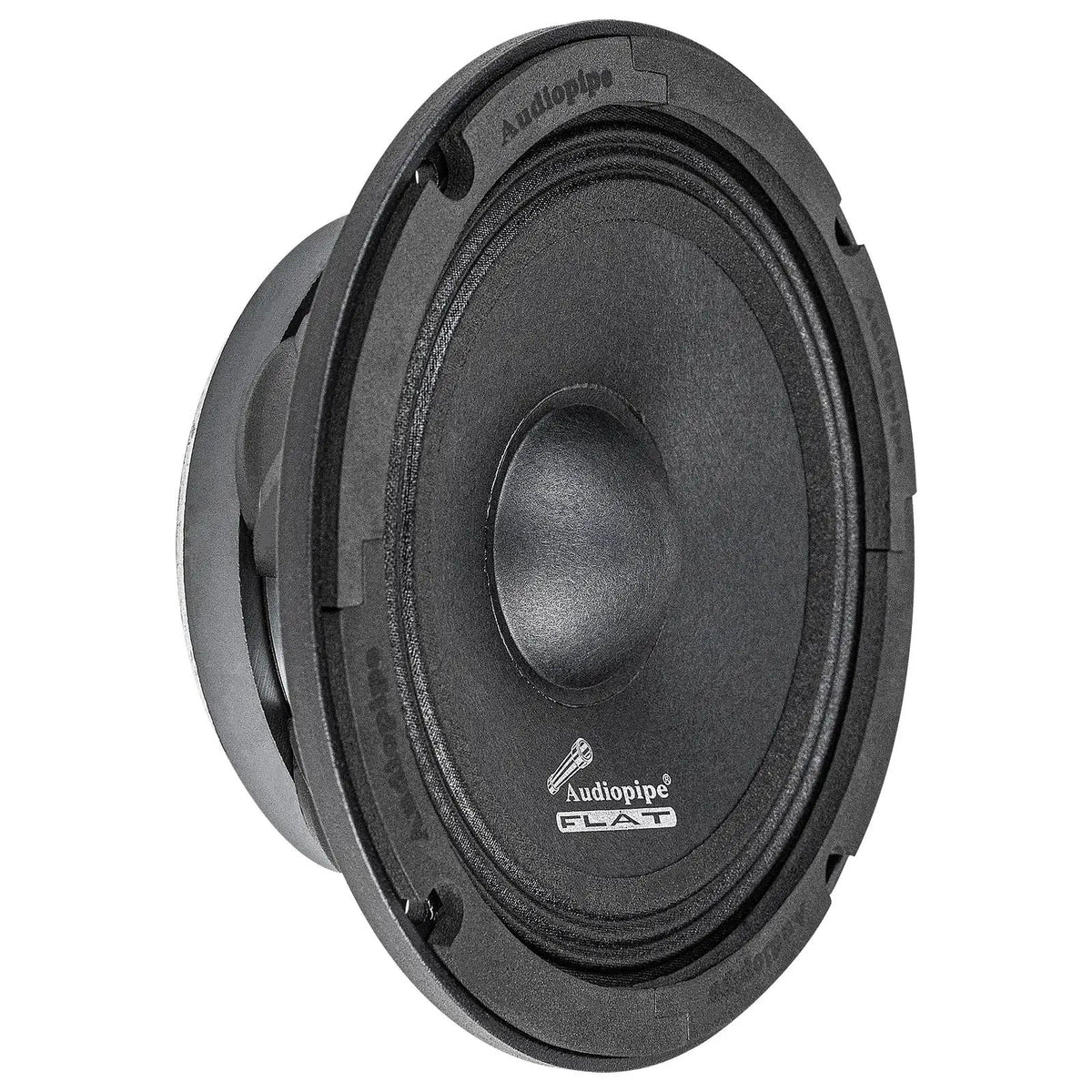 Angled Audiopipe FLAT speaker with a textured black cone and rounded dust cap