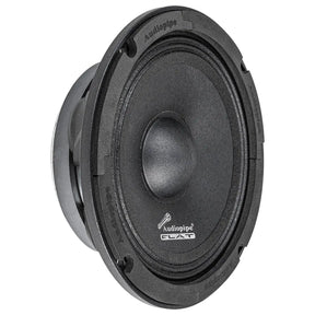 Angled Audiopipe FLAT speaker with a textured black cone and rounded dust cap