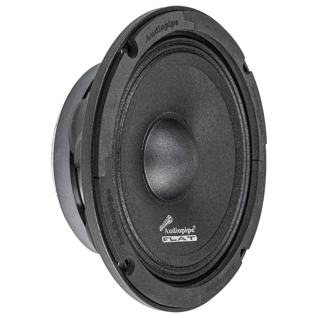 Angled Audiopipe FLAT speaker with a textured black cone and rounded dust cap
