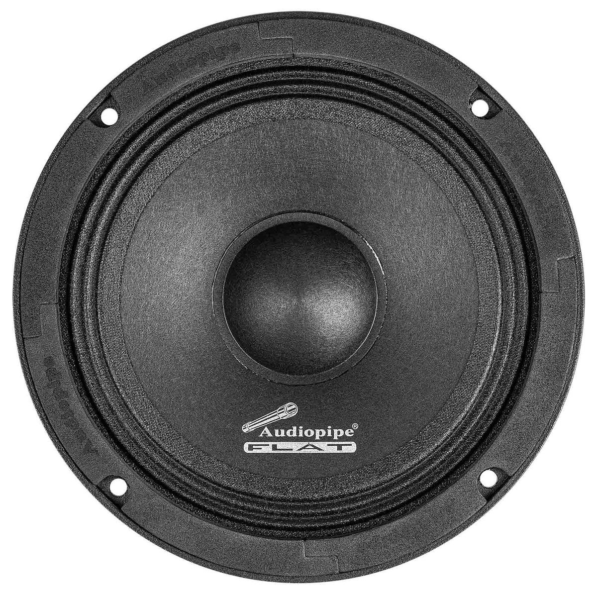 Front of a black Audiopipe Flat speaker with a domed center and four mounting holes