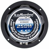 Rear of Audiopipe APMB-65FLT speaker showing its blue-and-white magnet label