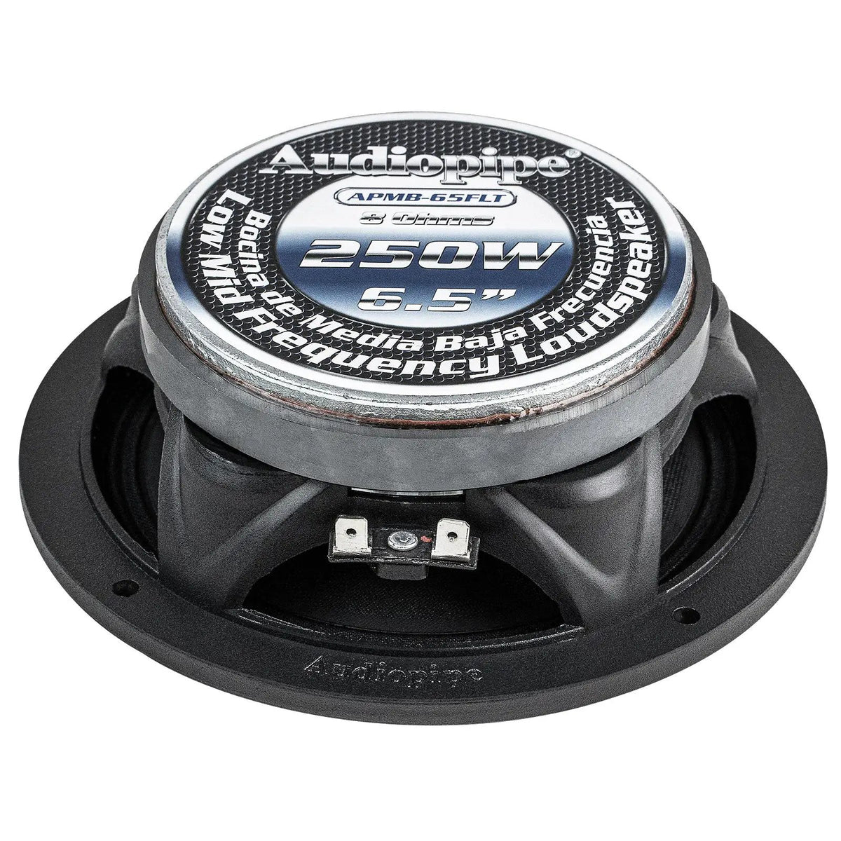 Angled rear view of Audiopipe APMB-65FLT speaker with magnet and terminals