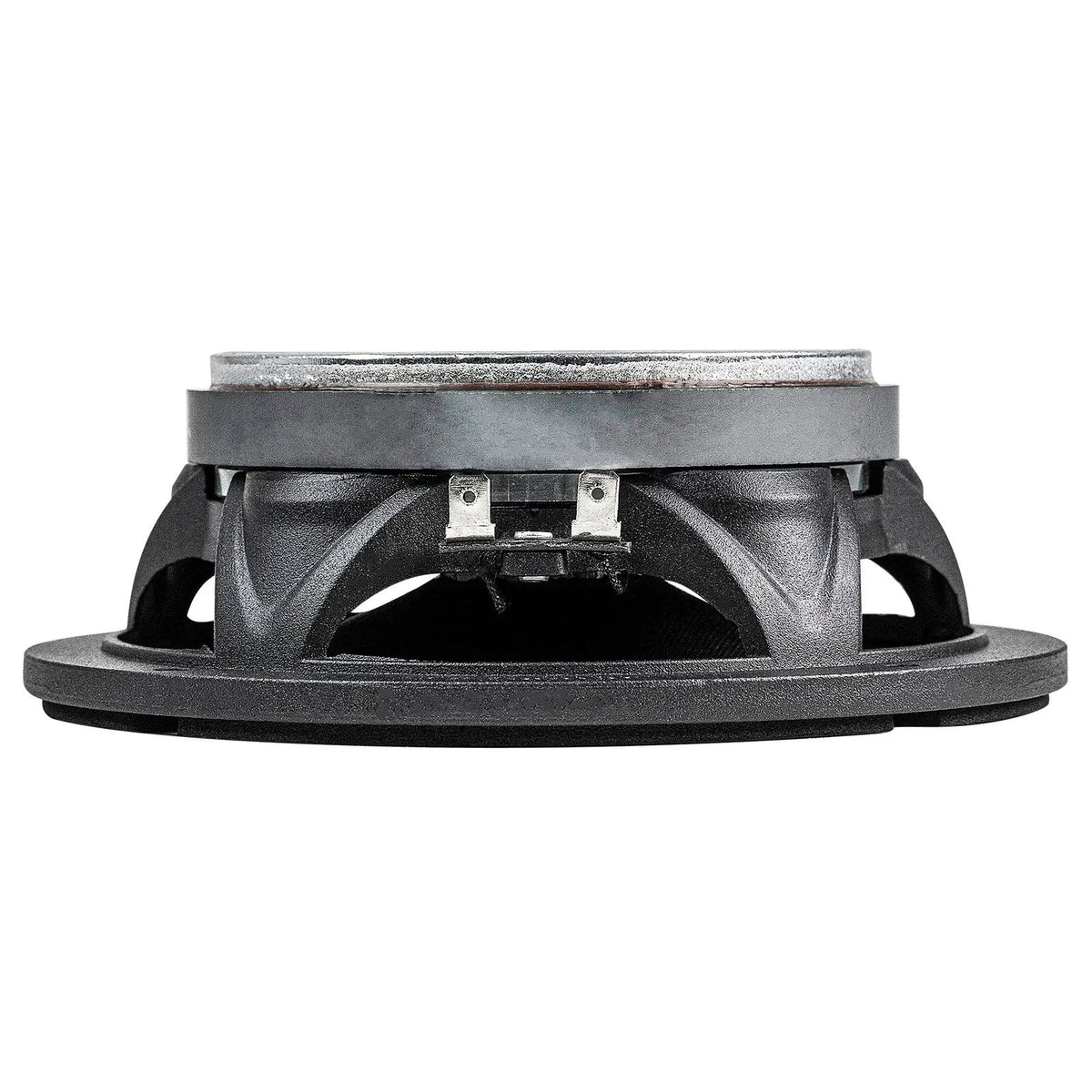 Low side view of a shallow speaker, with its flat silver magnet and two terminals visible