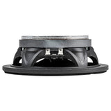 Low side view of a shallow speaker, with its flat silver magnet and two terminals visible