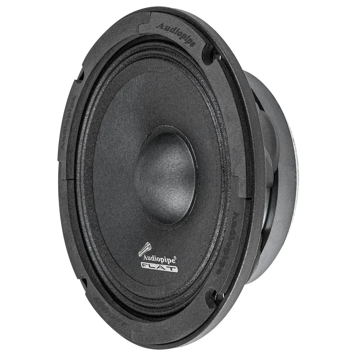 Steeply angled Audiopipe FLAT speaker showing the textured cone and shallow basket
