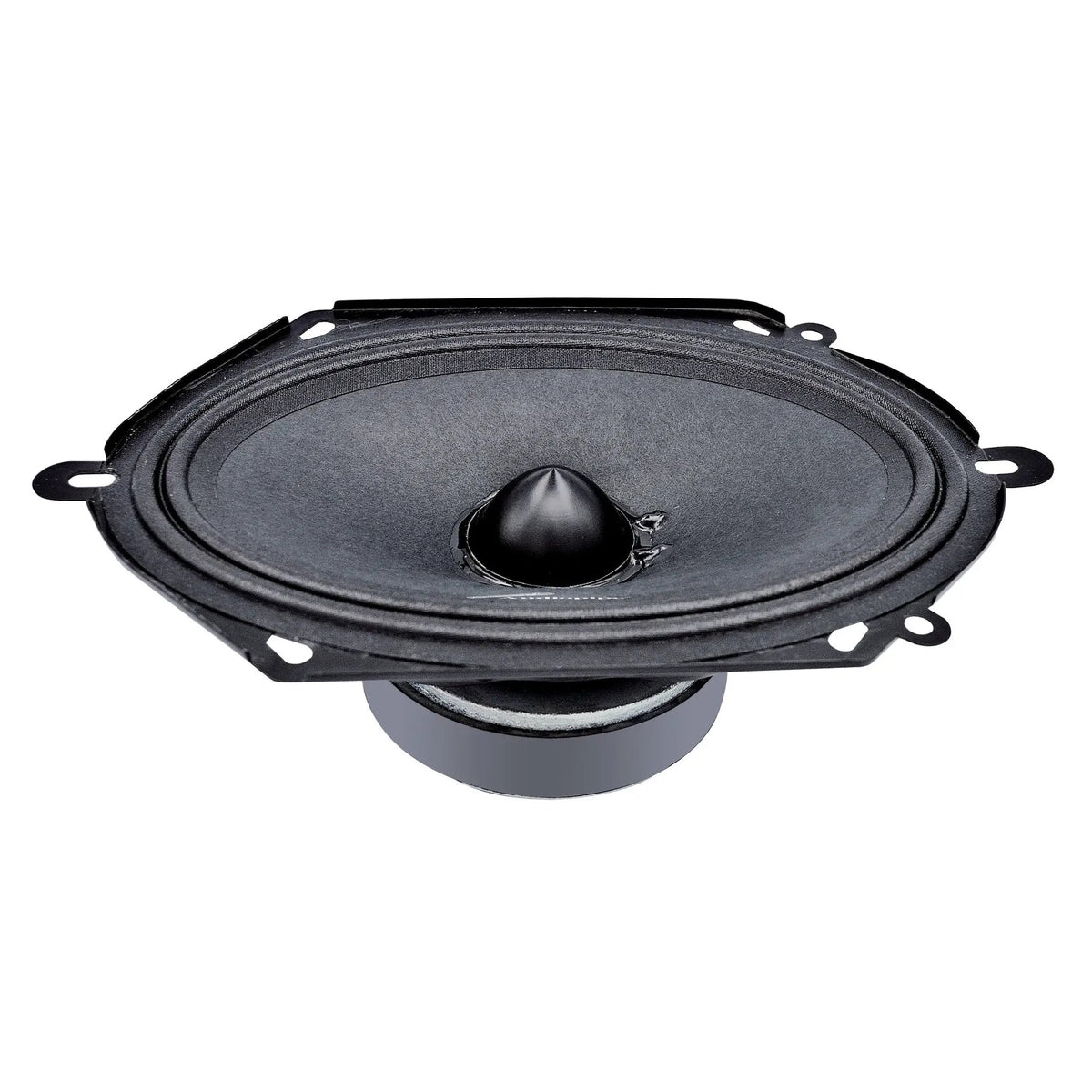 Oval black speaker with a pointed center and projecting mounting tabs, viewed at an angle