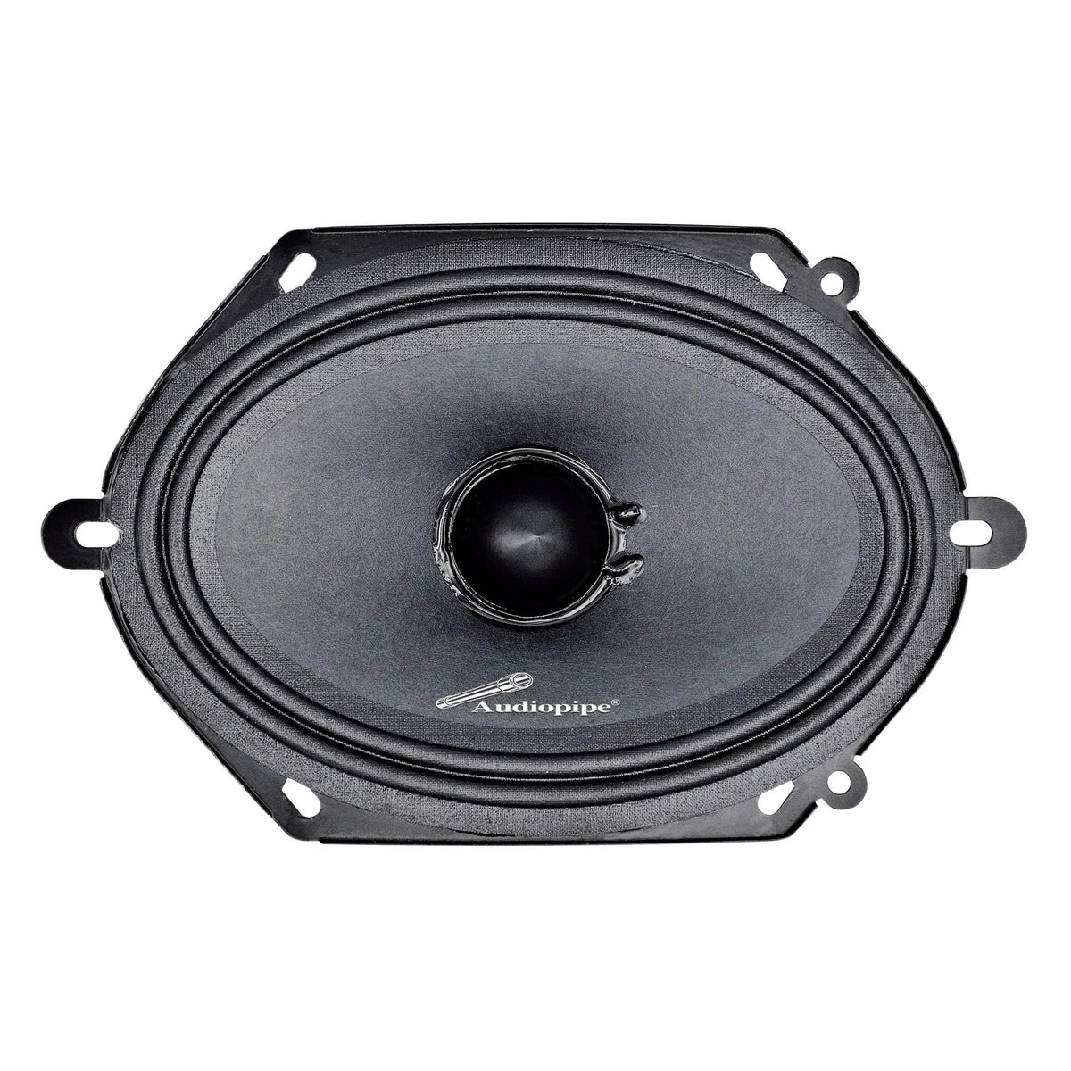 Front view of oval Audiopipe midrange speaker with black cone and mounting tabs