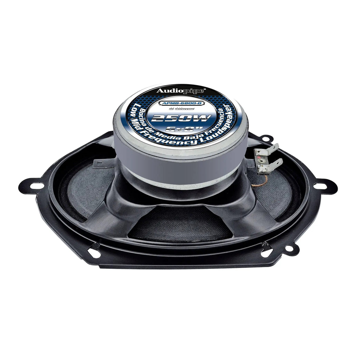 Rear of oval Audiopipe midrange speaker showing its magnet and connection terminals
