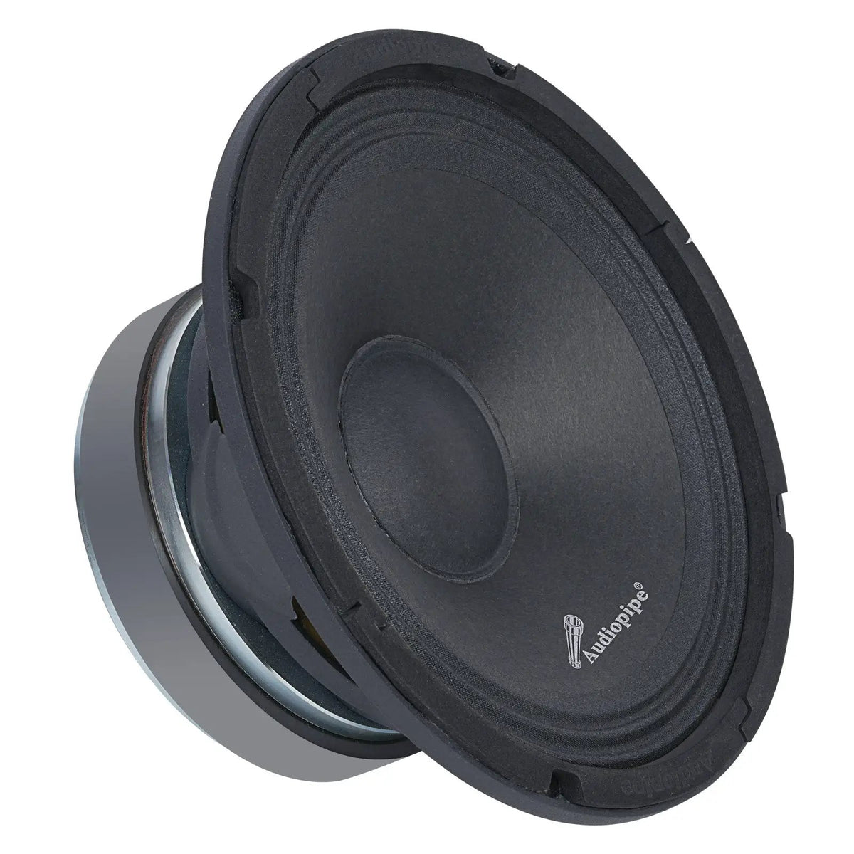 Angled Audiopipe speaker with a ribbed black surround and wide rounded dust cap