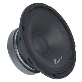 Angled Audiopipe speaker with a ribbed black surround and wide rounded dust cap