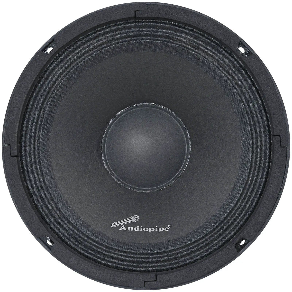 Front of an Audiopipe speaker showing its black cone, rounded dust cap and ribbed surround