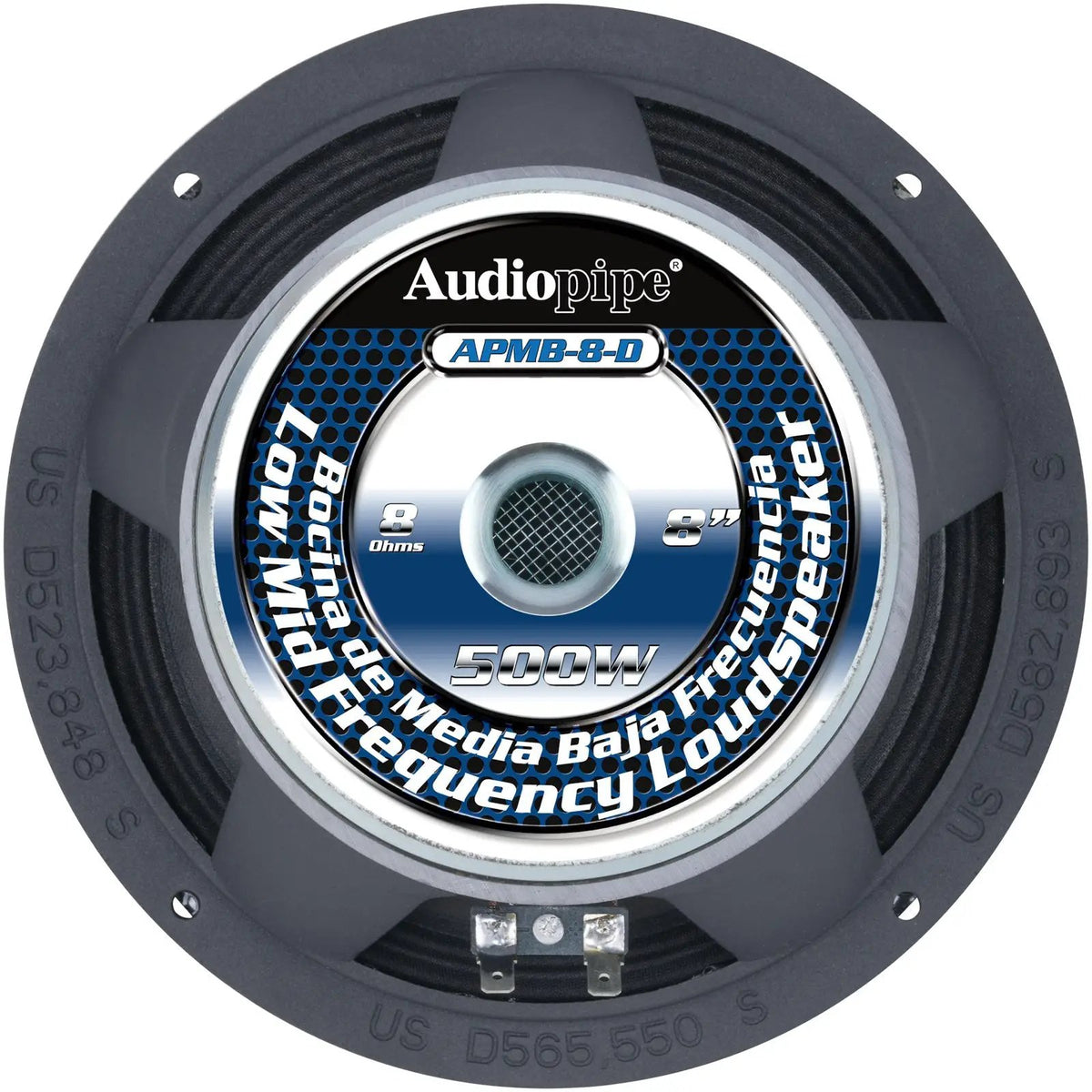 Rear of the Audiopipe APMB-8-D speaker, labeled 8 inches and 8 ohms around its central vent
