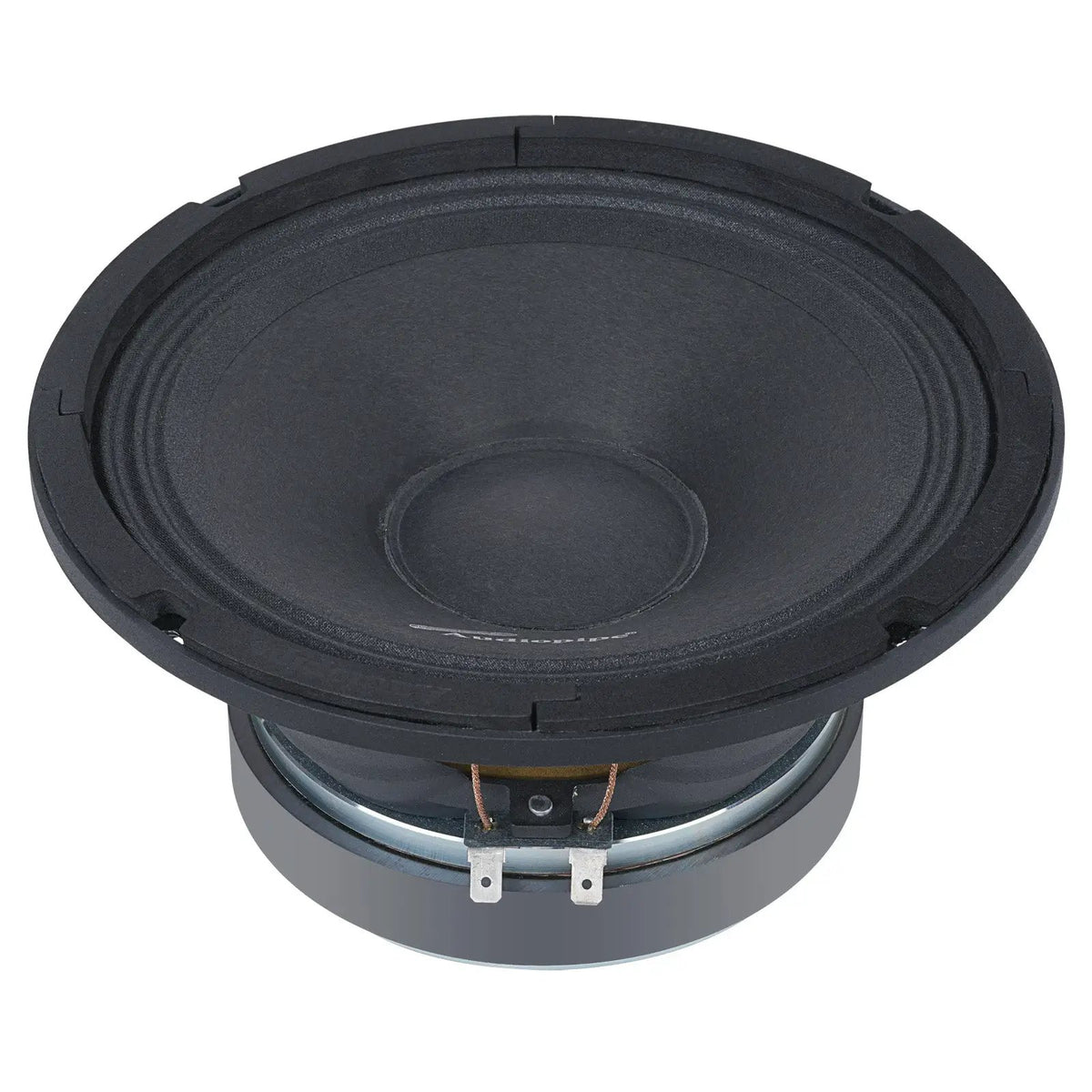 Low angled view of an Audiopipe speaker showing its black cone, basket and forward-facing terminals