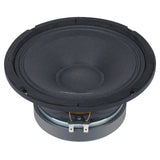 Low angled view of an Audiopipe speaker showing its black cone, basket and forward-facing terminals