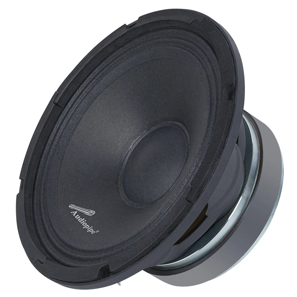 Opposite angled view of a black Audiopipe speaker with its silver magnet visible behind the basket